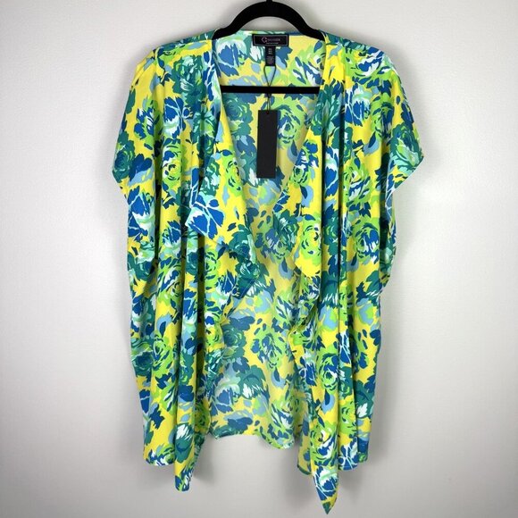C. Wonder Tops - C Wonder Kimono Womens Medium Large Yellow Blue Green Floral Sheer Open Cardigan